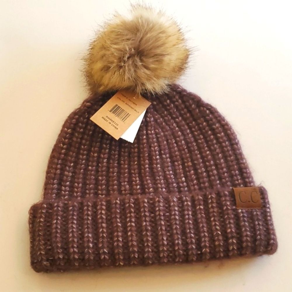 NWT C.C BEANIE POM POM WINTER HAT BURGUNDY BROWN HEATHERED FAUX FUR